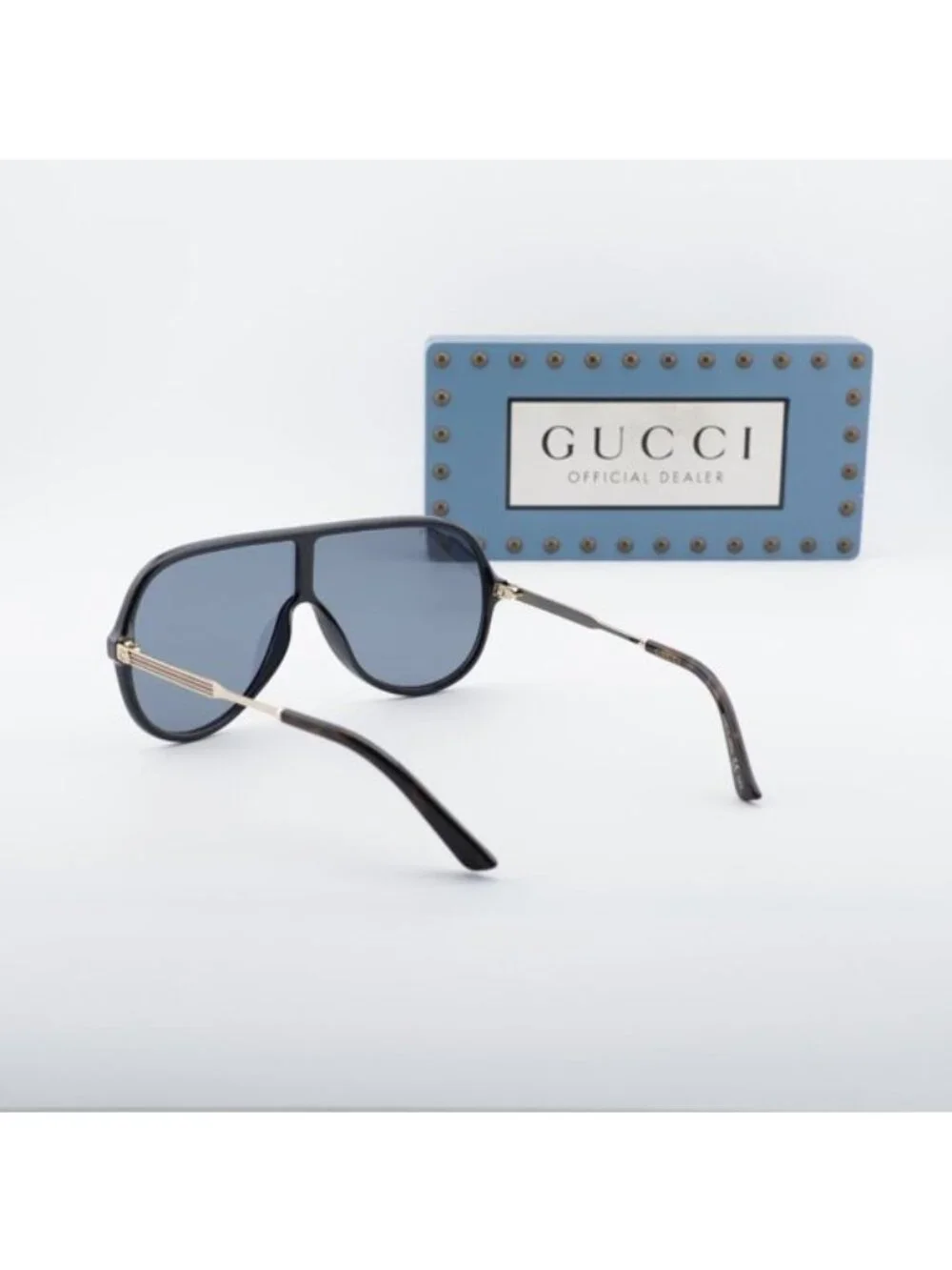 Gucci GG0199S 001 Shield Sunglasses - Shiny Black/Gold/Grey